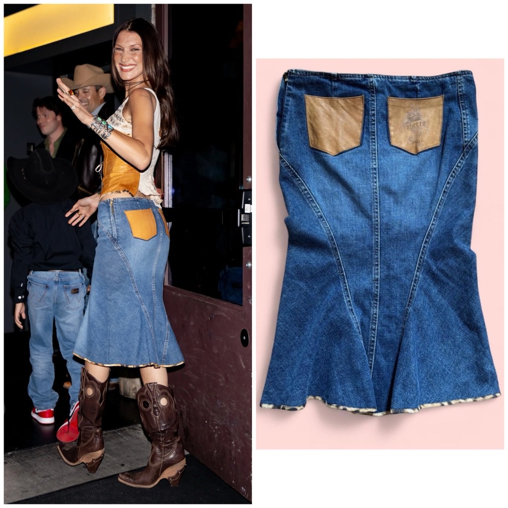 SOLD Roberto Cavalli 2003 Denim Mermaid Skirt
Leather Pocket Detail RARE